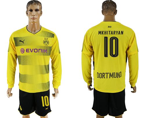 Dortmund #10 Mkhitaryan Home Long Sleeves Soccer Club Jersey - Click Image to Close